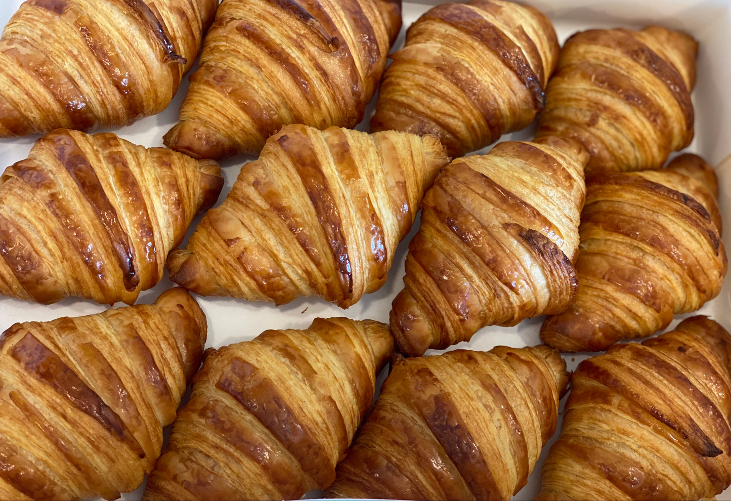 A group of butter croissants arranged on a surface, showing golden-brown crusts and flaky textures.